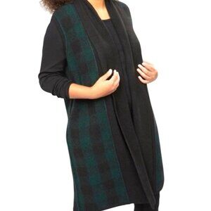 Lane Bryant Black Green Plaid Open Front Long Casual Sweater Vest Size 18/20